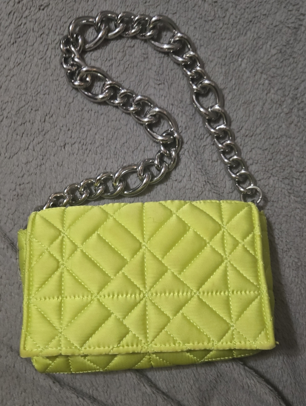 Zara Quilted Satin Neon Silver Metal Chain Shoulder Bag